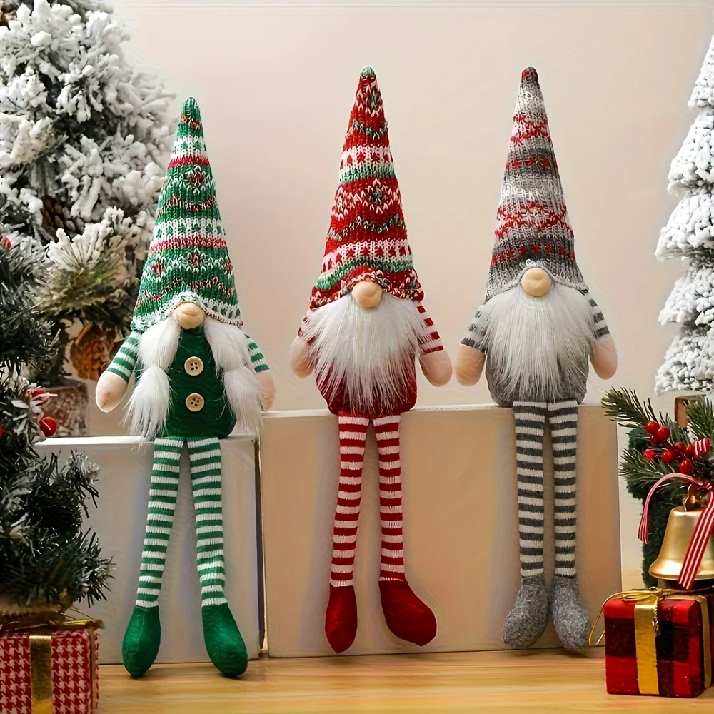 Three striped long-legged knitted cap faceless old man Christmas statue ornaments, especially suitable for Christmas decoration,
