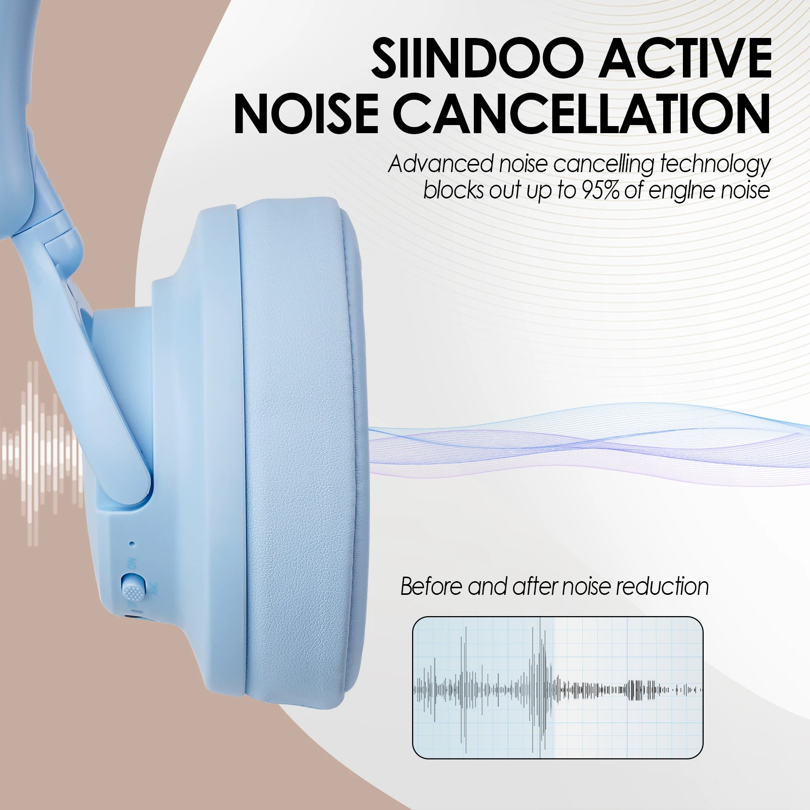 Siindoo Newest Active Noise Cancelling Wireless Headphones Over Ear Bluetooth earphones with Mic 70H Playtime JH-ANC630 Blue