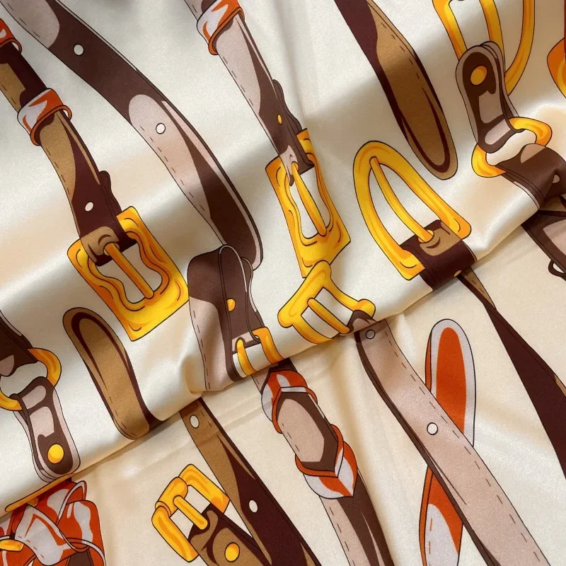 108CM Wide 19MM Silk Satin Fabric for Sewing Smooth Dress Pajamas Blouse,DIY Clothing Fabric with Golden Brown Belt Print E1334