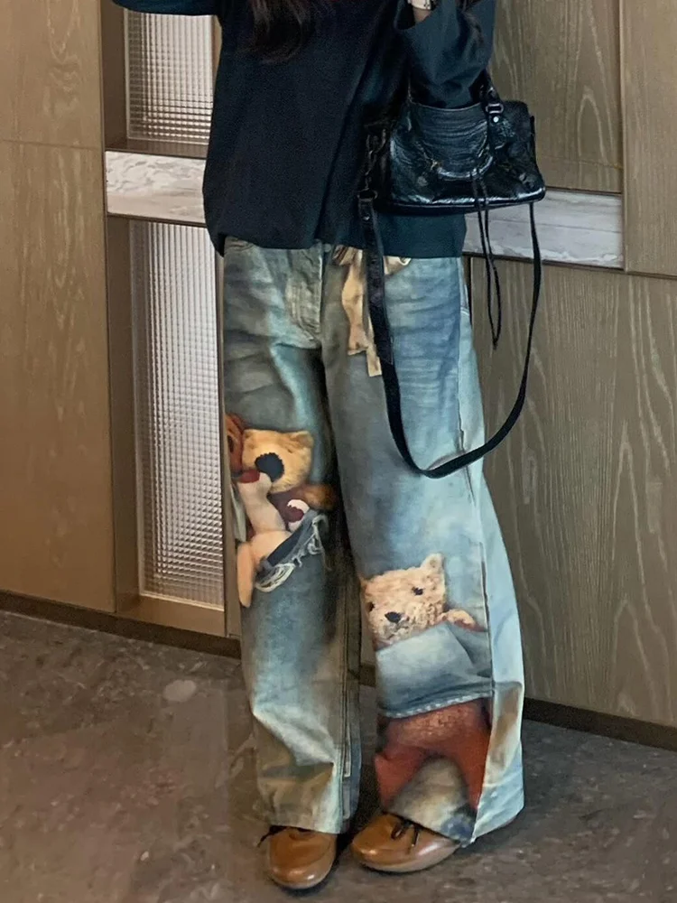 

Джинсы женские New Sle, деним, с эффектом потертости, с принтом «Острый медведь» в стиле American High Street, индивидуальный дизайн, длинные, в пол...