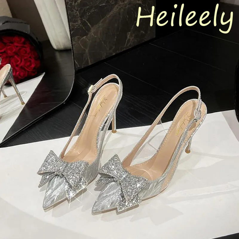 

8cm Fashion Sandals Sequins High Heels with Rhinestone Bow Pointed Toe Pumps Wedding Bride Shoes for Women 40 41