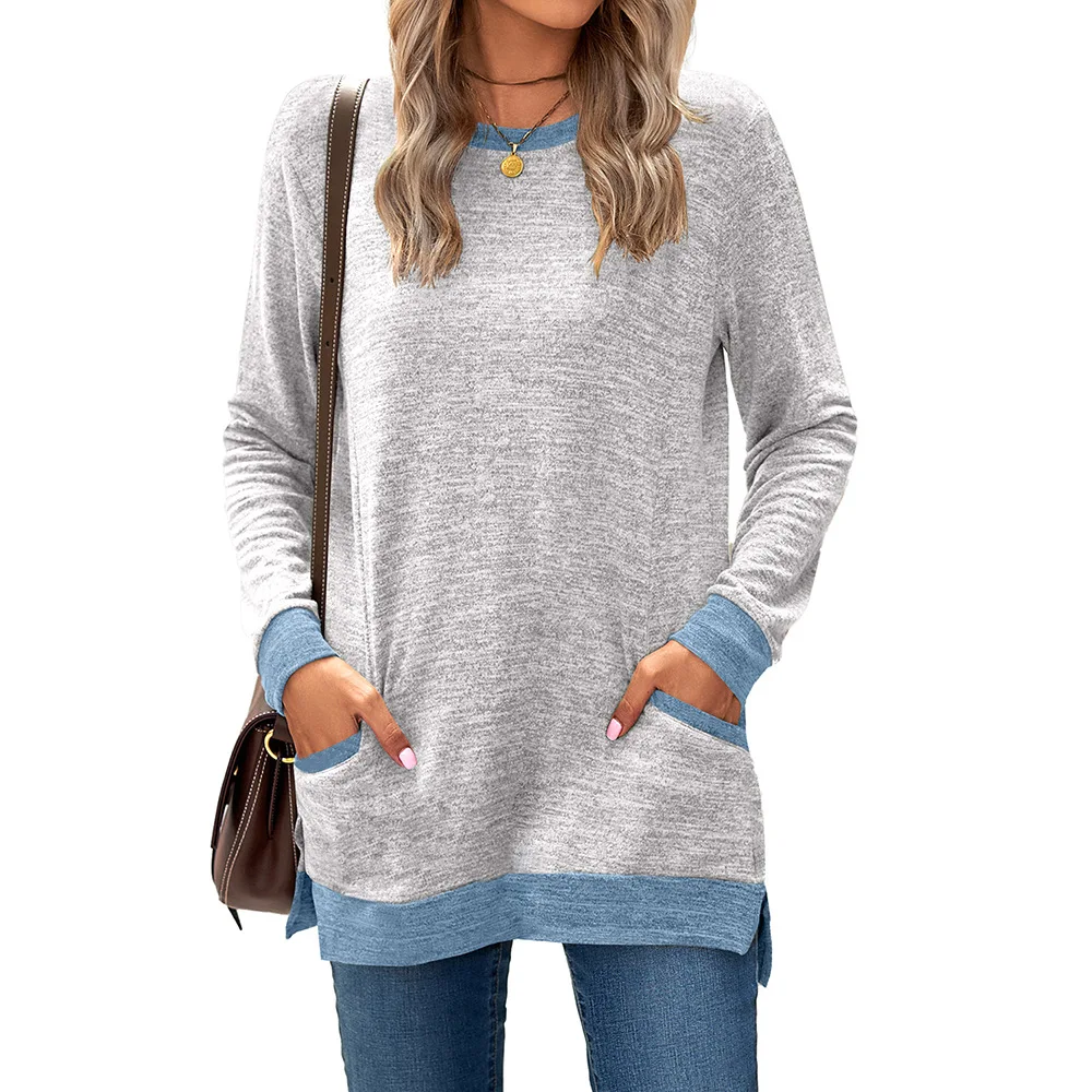 Casual Pocket Sweatshirt Women Vintage Patchwork Hoodie Tops Spring Ladies Oversized Long Sleeve O-Neck Pullover Y2K Clothes