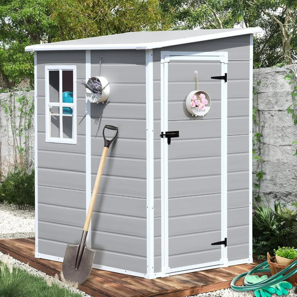 

5x4 FT Storage Shed, Waterproof Resin Outdoor Storage Shed with Floor & Window & Lockable Door, Light Gray