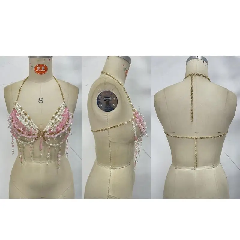 A52E Draped Bead Chain Jewelry With Torso Styling Pink White Halter Detail for Photoshoot Party Looks and Festival Outfits for