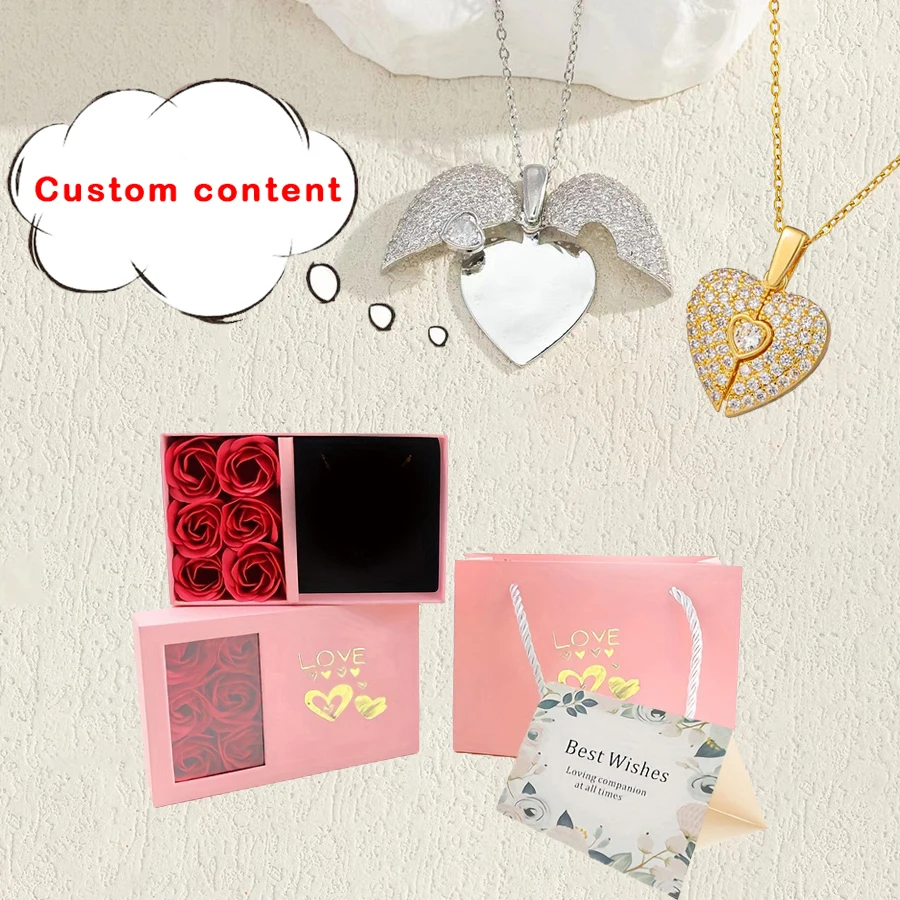 

Custom Text Open Heart Necklace With Six Roses Gift Box Noble Romance 2025 Mother's Day Christmas Exquisite Wedding Accessories