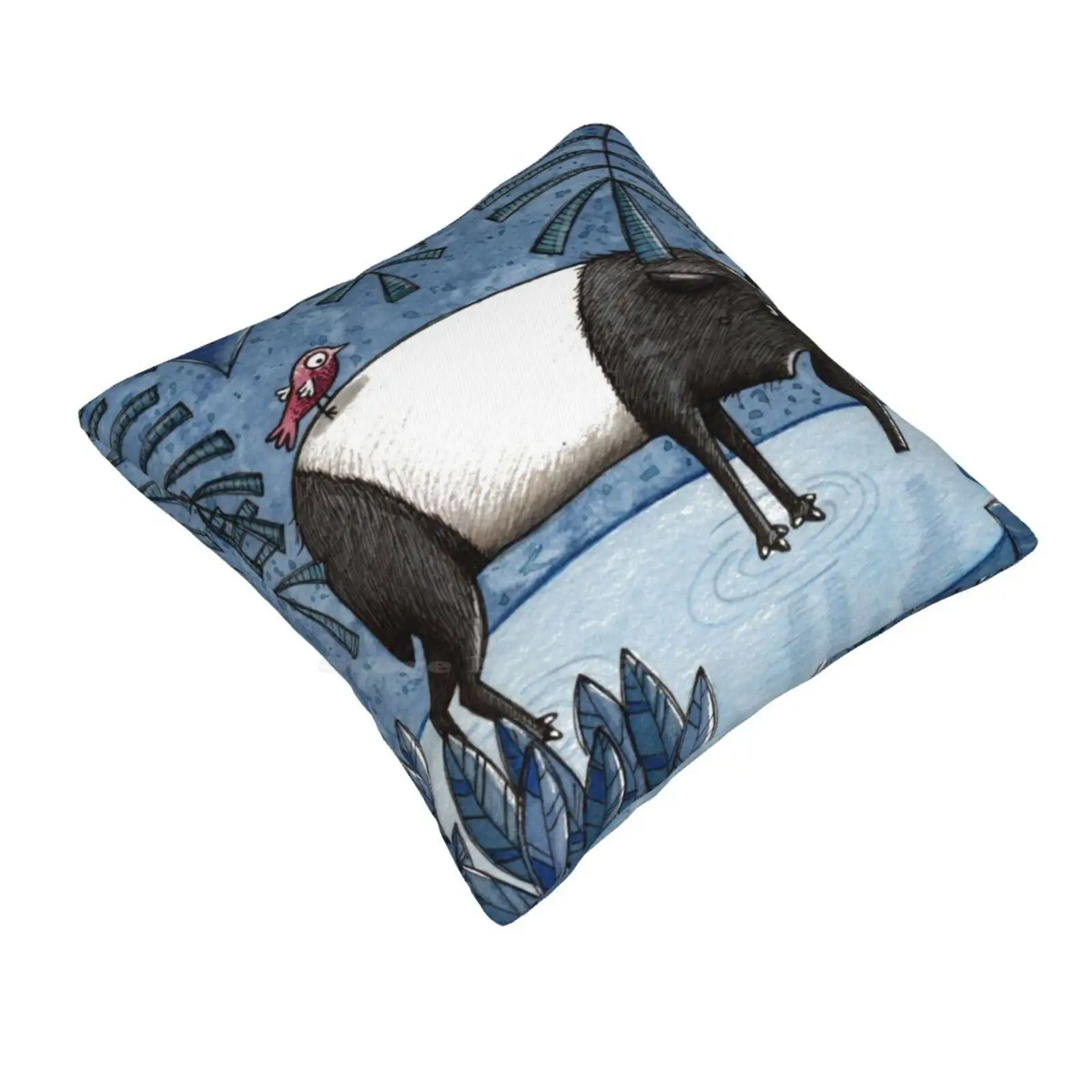 Welcome To The Jungle-Tapir-Schabrackentapir Pillow Cover Hug Pillowcase Jungle Tapir Rainforest Bird Blue Pink Watercolor