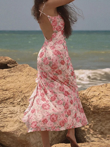 Women's Floral Print Cami Dress, Elegant Sleeveless Split Hem Dress, Ladies Summer Clothes