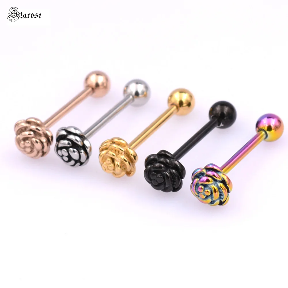 1Pc 1.6x15mm Romantic Rose Tongue Piercing Tongue Rings Vacuum Stainless Steel 14G Barbell Piercing Tongue Bar Body Jewelry