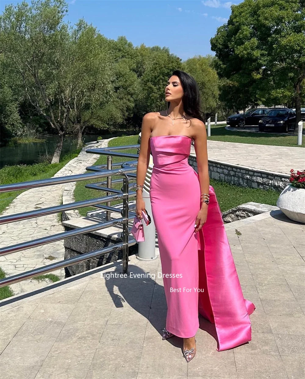 Eightree Rose Pink Elegant Evening Dresses for Weddings Strapless Satin Special Occasion Gowns Wedding Guest Dress Customized