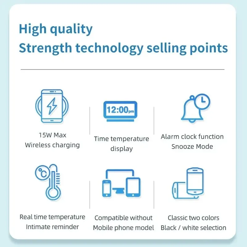 다기능 무선 충전기 스탠드 알람 시계, LED 디지털 온도계, 휴대폰 충전기, 고속 충전 스테이션, 15W, 3 in 1