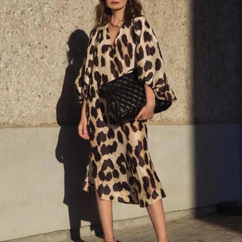 

Summer Long Leopard Print Midi Dress Women V Neck Lantern Sleeve Casual Elegant Party Loose Dresses Vintage Streetwear 2024