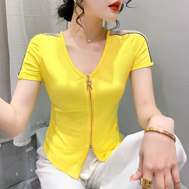 2023 Summer Korean Clothes Cotton T-Shirt Chic Sexy Double Zipper Women Tops Short Sleeve Patchwork Hollow Out Chain Tees 33062