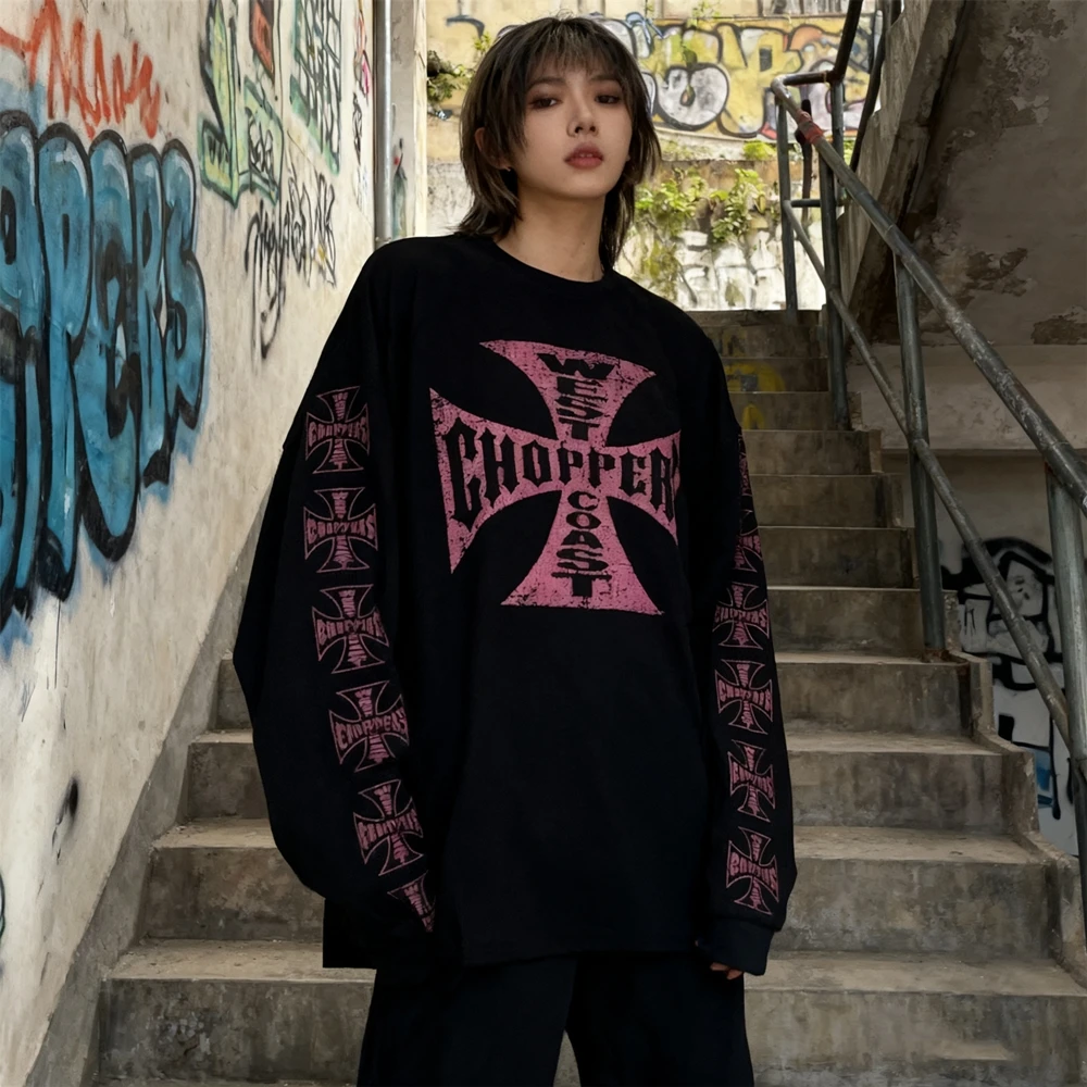 KUCLUT American Style 1:1 Streetwear Quality Waffle Fabric Printed Tops Oversized Long Sleeves Tee Vintage T Shirt Men Woman