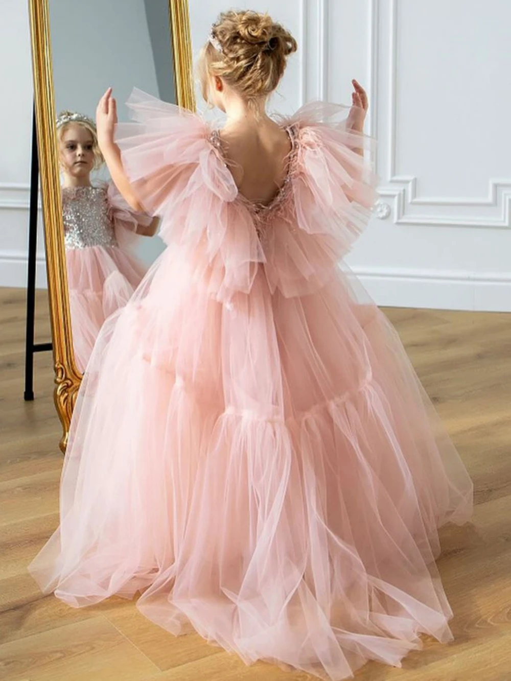 Robe trapèze longue bouffante en tulle rose pour filles, robe de princesse personnalisée pour enfants, fête d'anniversaire, robe de banquet de mariage élégante, quelle que soit