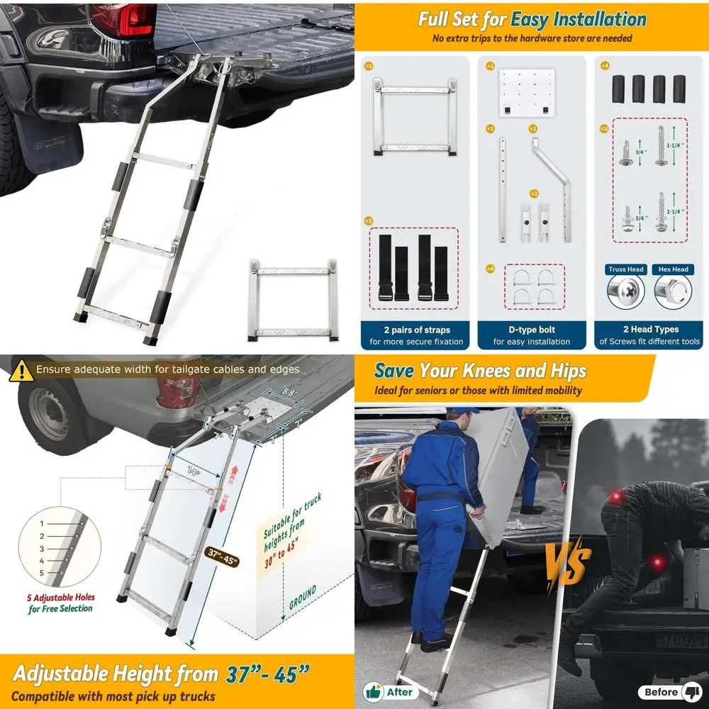 

Adjustable Folding Ladder for Pickup Trucks, 37-45 Height, Non-Slip Steps, Stainless Steel, Supports 350 lbs