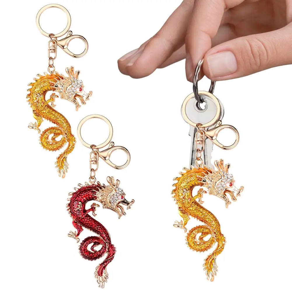Enamel Dragon Keyring Dragon Design Rhinestone Keychain Pendant Enamel Oil Drip Process Accessory Polished Edge for Backpacks