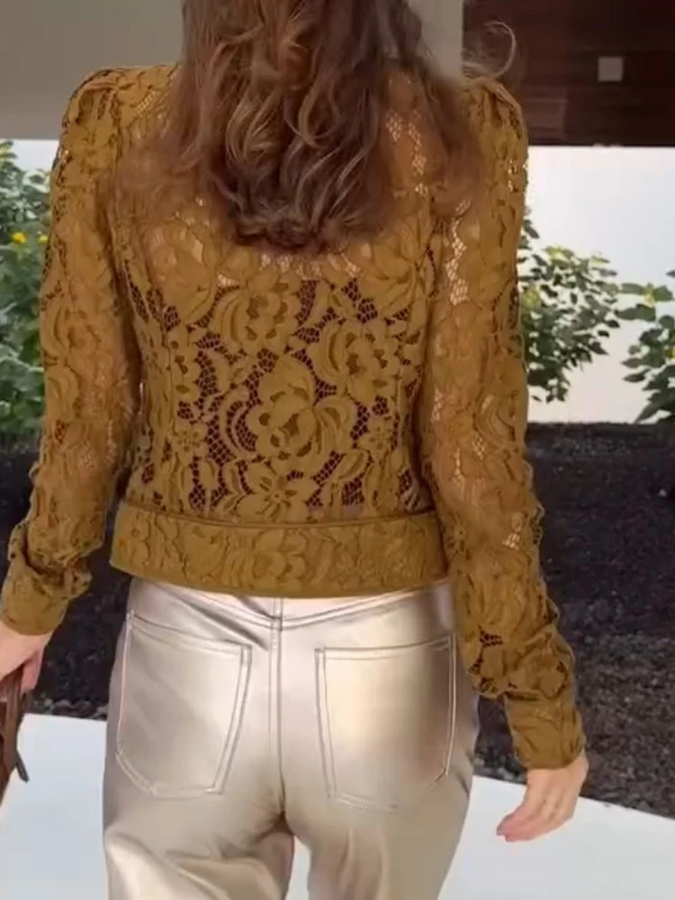 

Fall New O-neck See-through Single Breasted Blouse French Style Lace Hollow Out Shirts Casual Lady Long Sleeve Pure Commute Tops