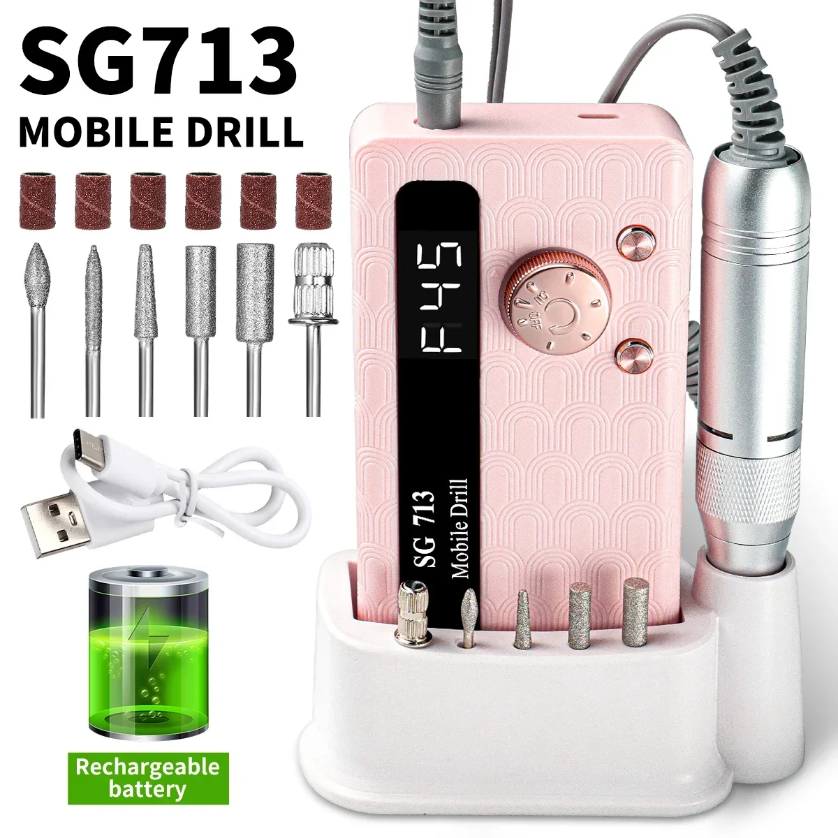 Electric Nail Drill - 45000RPM Portable Nail Drill-Rechargeable Nail E-File Kit With 6 Bits & Base-LED Screen-Ultra-Silent