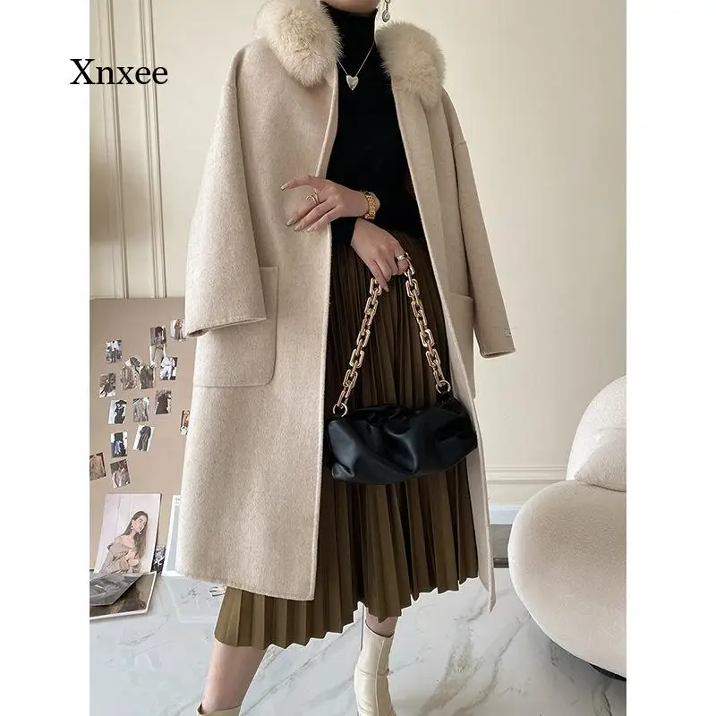 

High Quality French Wool Coat with Fur Colla Collar Women's Winter Warm Cashmere Coats Oversize Pocket Cloak Outwear Windbreaker