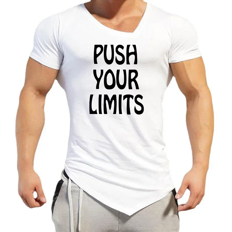 

Push Your Limits Gym Tee Shirts Mens Summer Oblique V-Neck Slim Fit Short Sleeve T-Shirts Cotton Irregular Hem Fitness Clothing