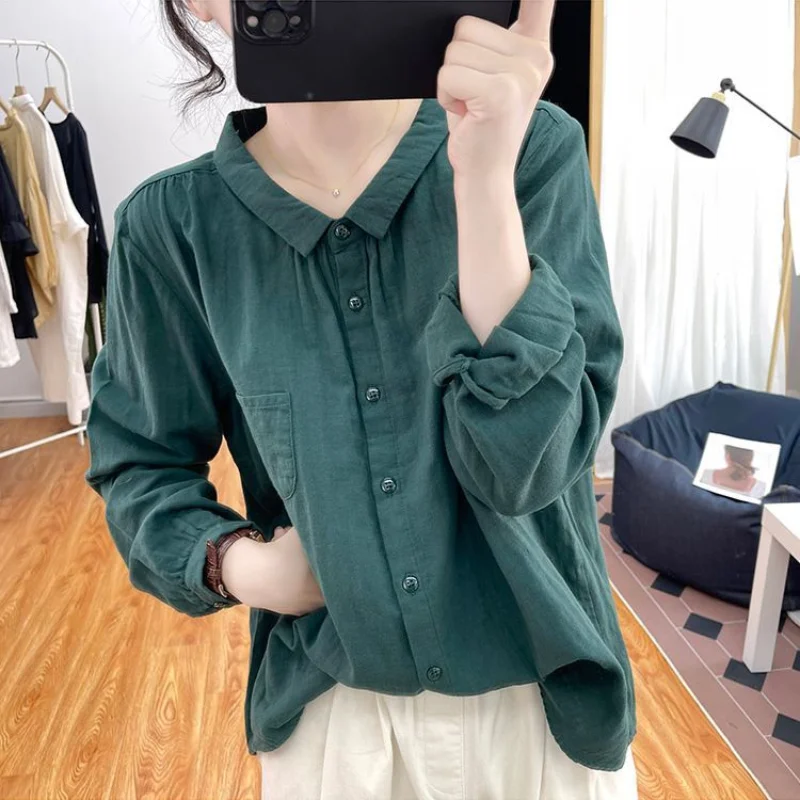 2023 Women\'s Clothing Long Sleeve Polo-Neck Solid Color Office Lady Commuter Spring Autumn Loose Vintage Button Pockets Shirt