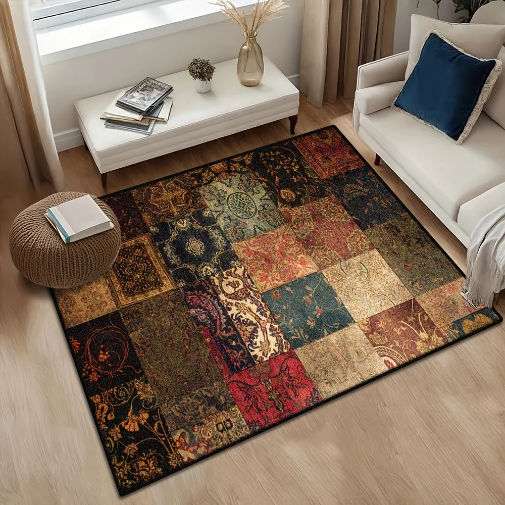 VIKAMA Vintage Patchwork Area Rug,Non‑Slip Mat,Retro Oriental Block Print Carpet for Living Room Bedroom Farmhouse Home Decor