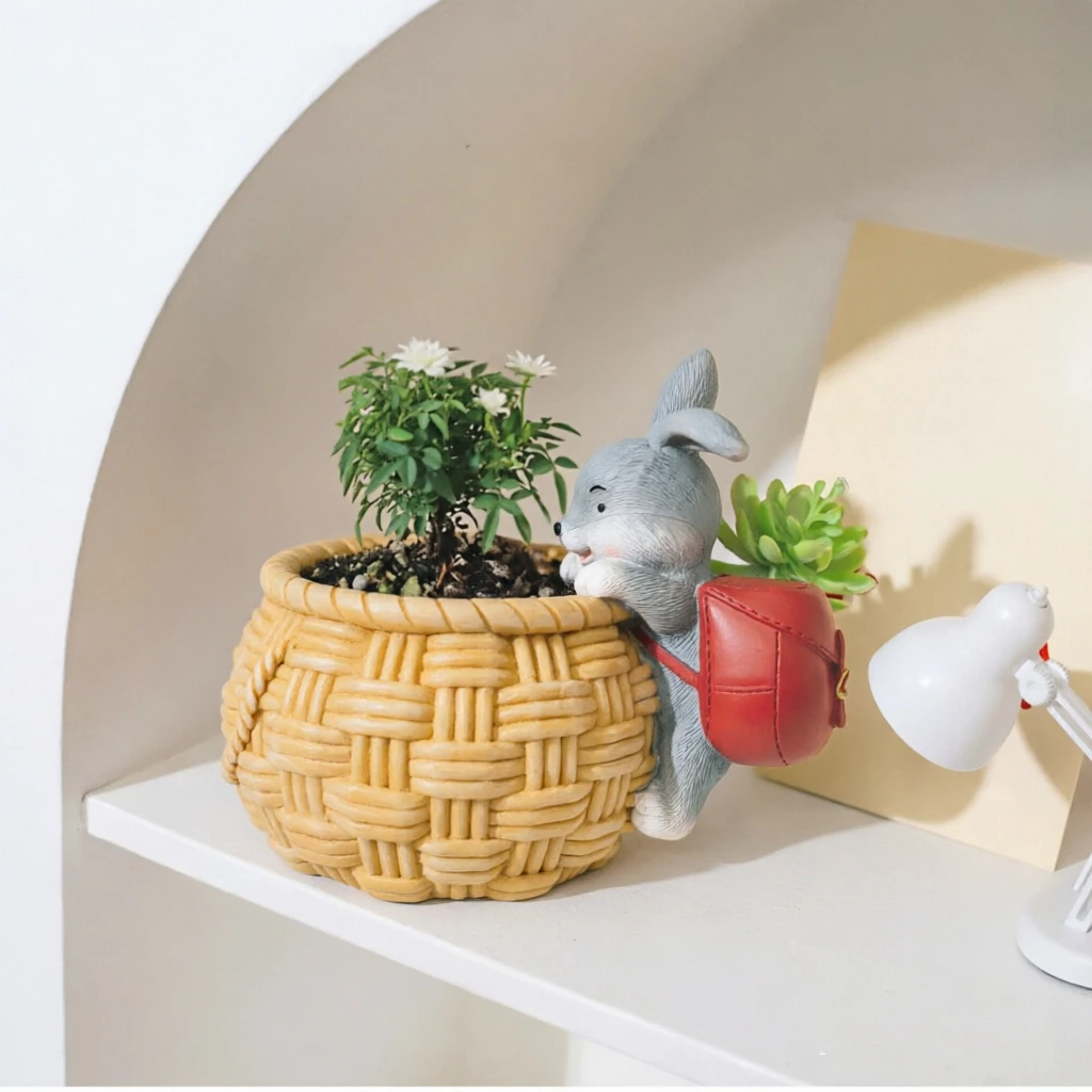Cute Rabbit Resin Flower Pot with Woven Basket Design for Succulents and Small Plants - Desktop Decor & Gift Idea