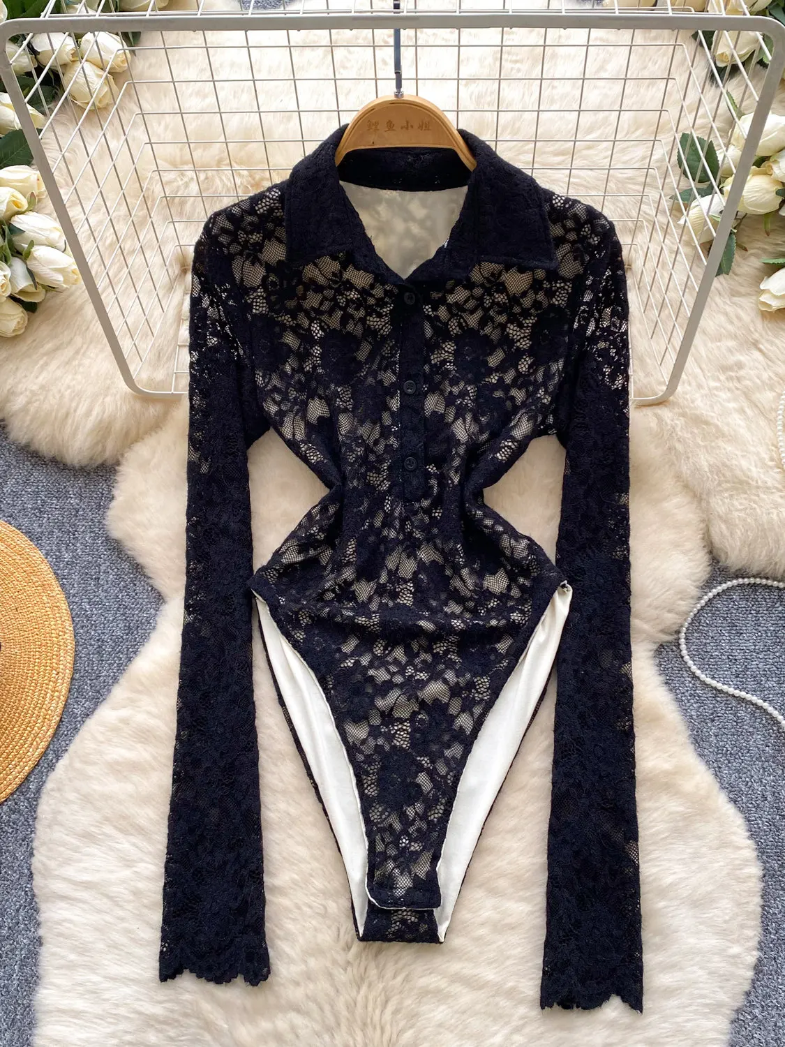 

Женский элегантный двухслойный кружевной боди Foamlina с отложным воротником, длинными рукавами, на пуговицах, приталенный, повседневный топ для весны и осени