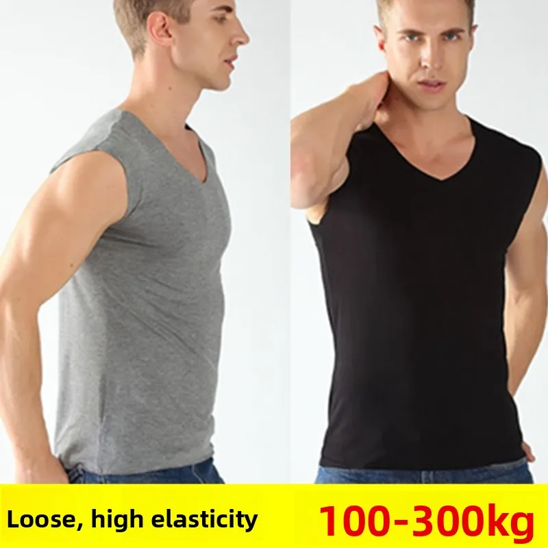 Men's plus Size Vest Sleeveless Wide Shoulder V-Neck Seamless Base Shirt Summer Casual Comfortable Breathable Modal T-Shirt
