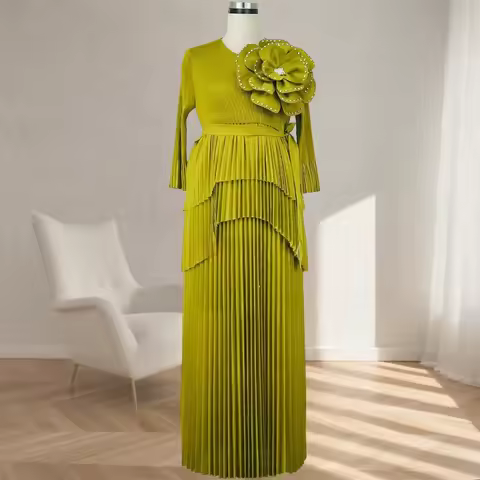 African Plus Size Pleated Dress Miyake Design Long Sleeve New Women's Plus Size Stretchy Long Dress Wrinkle-Free Evening Wear