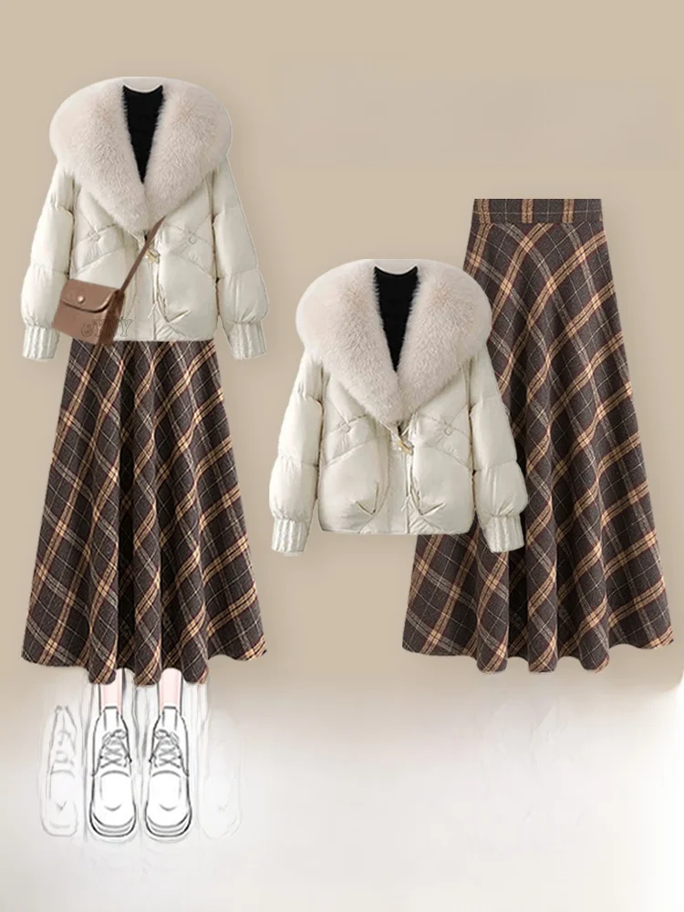 

Зимний роскошный хлопковый жакет с меховым воротником, юбка и футболка — комплект из трех предметов. Женский модный повседневный наряд.