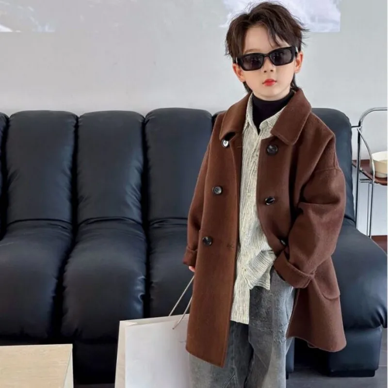 

Autumn and Winter Boys and Girls Double-sided Woolen Coat Fashionable Children's Korean style Medium Long Overcoat