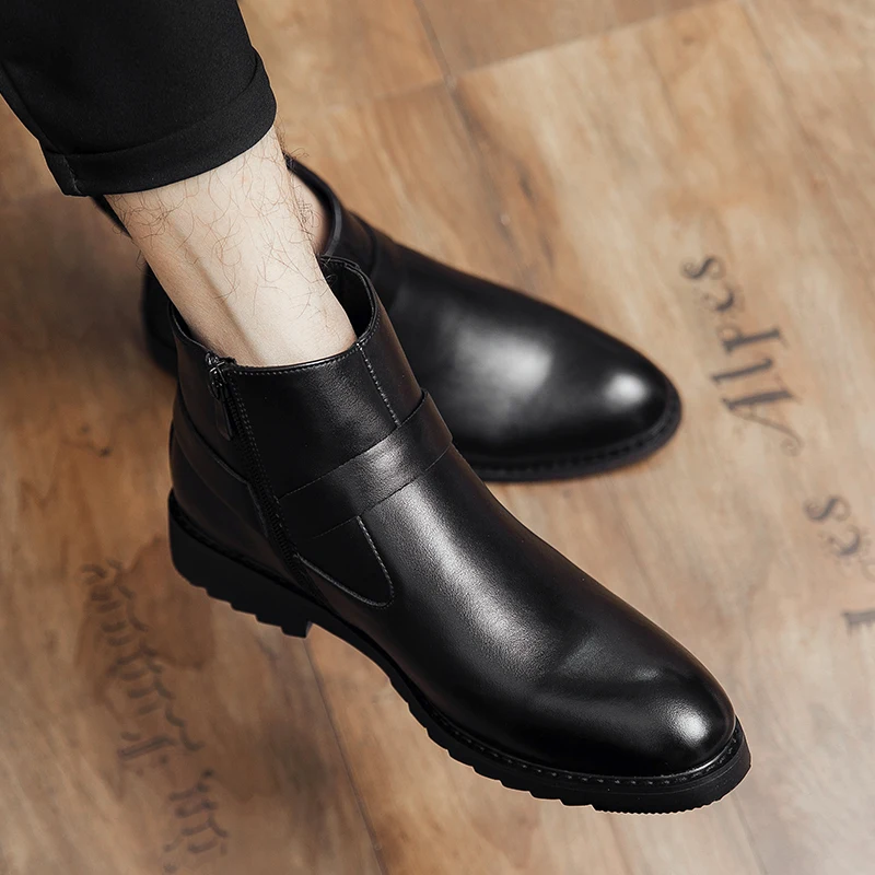 أزياء الرجال منتصف أعلى تشيلسي أحذية براون الأعمال عارضة أحذية للرجال النمط البريطاني وأشار أحذية بوت قصيرة حجم كبير 38-47