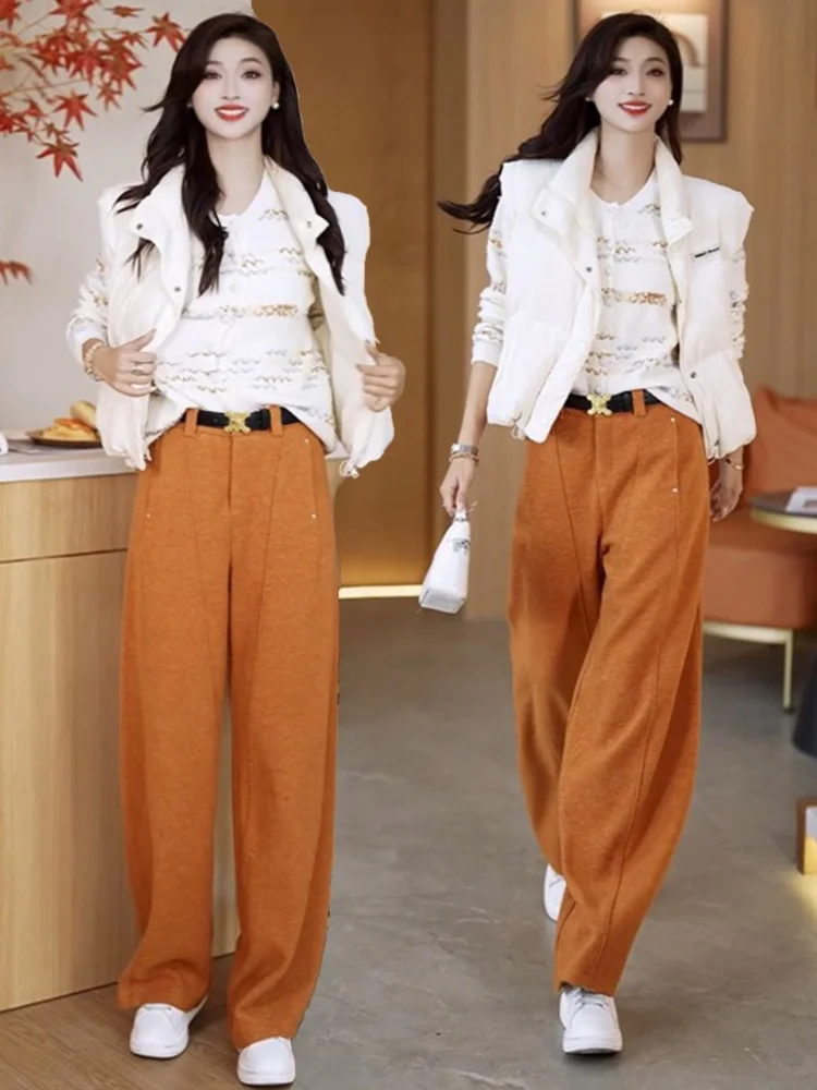 Calças de Lã de Cintura Alta com Pernas Largas para Mulheres, Novo Estilo Outono Inverno, Calças Casuais com Caimento Elegante