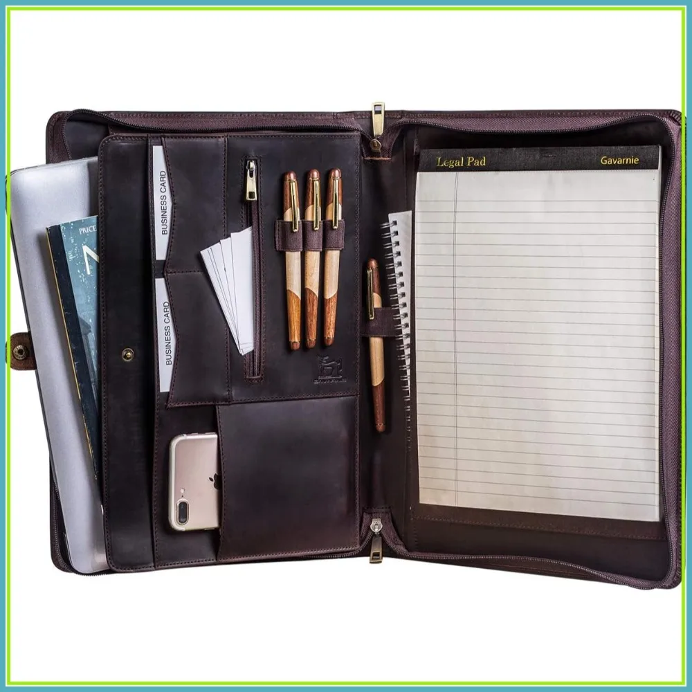 

Leather Business Portfolio Padfolio Folder with Zipper for Men, Fits 13" Laptop, Letter Size Notepad, Dark Brown