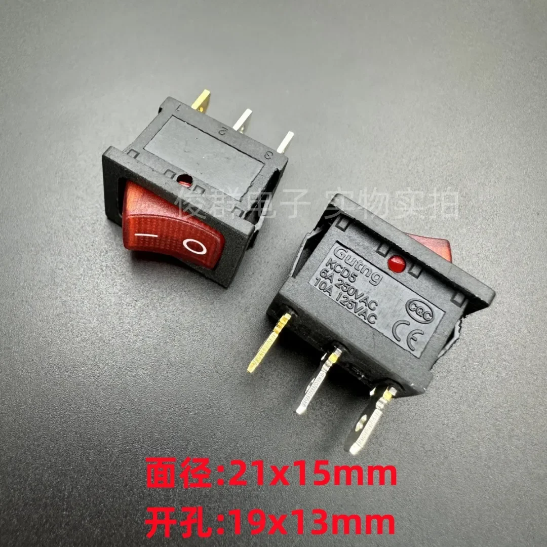 10pcs/Rocker Boat Switch KCD1 Power Switch 3 Pin 2 Gear with Red Indicator 6A KCD5