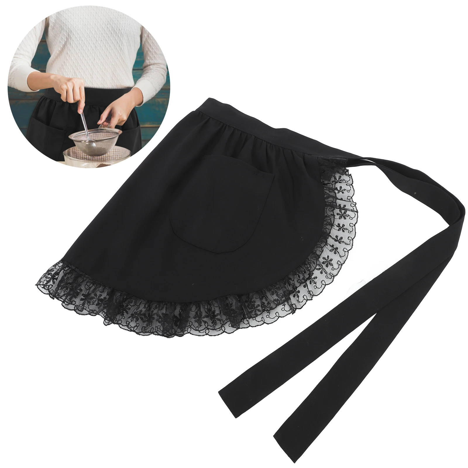

Ruffled Half For Women Retro Lace Waist With Pockets Maid Cosplay Short Apron Reusable Kitchen Cooking Server Supplies Gothic