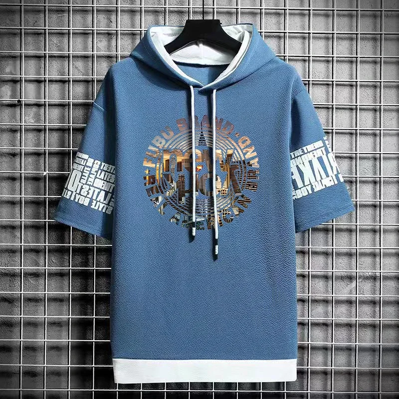 Men Short Sleeve Hooded Graphic T Shirts Summer Harajuku Top Korean Streetwear Tees Casual Men Clothing Hot Sell T New 2024