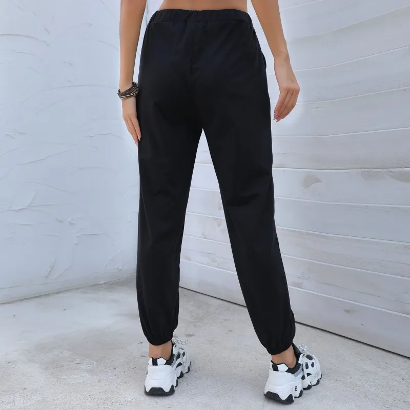 Fashion Chinese Dragon Printed Pencil Pants Women Black Drawstring Mid-Waist Ankle-Length Pants Street Casual Commute Trousers