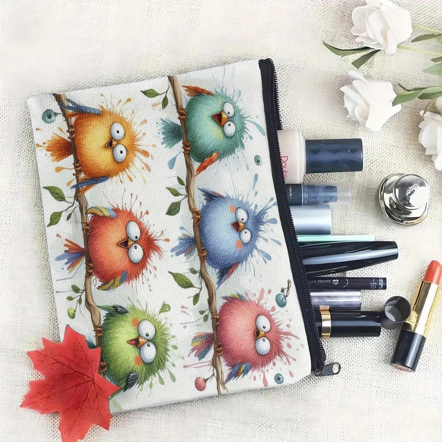 Uma bolsa de maquiagem colorida com estampa de pássaros – linda bolsa multifuncional com zíper para mulheres, bolsa de armazenamento de joias