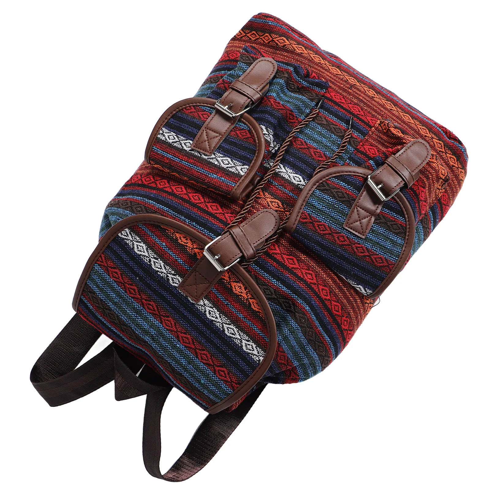 Large Capacity Ethnic Style Backpack Vintage Plaid Drawstring Bucket Bag Boho Travel School Casual Bag Stylish Backpack
