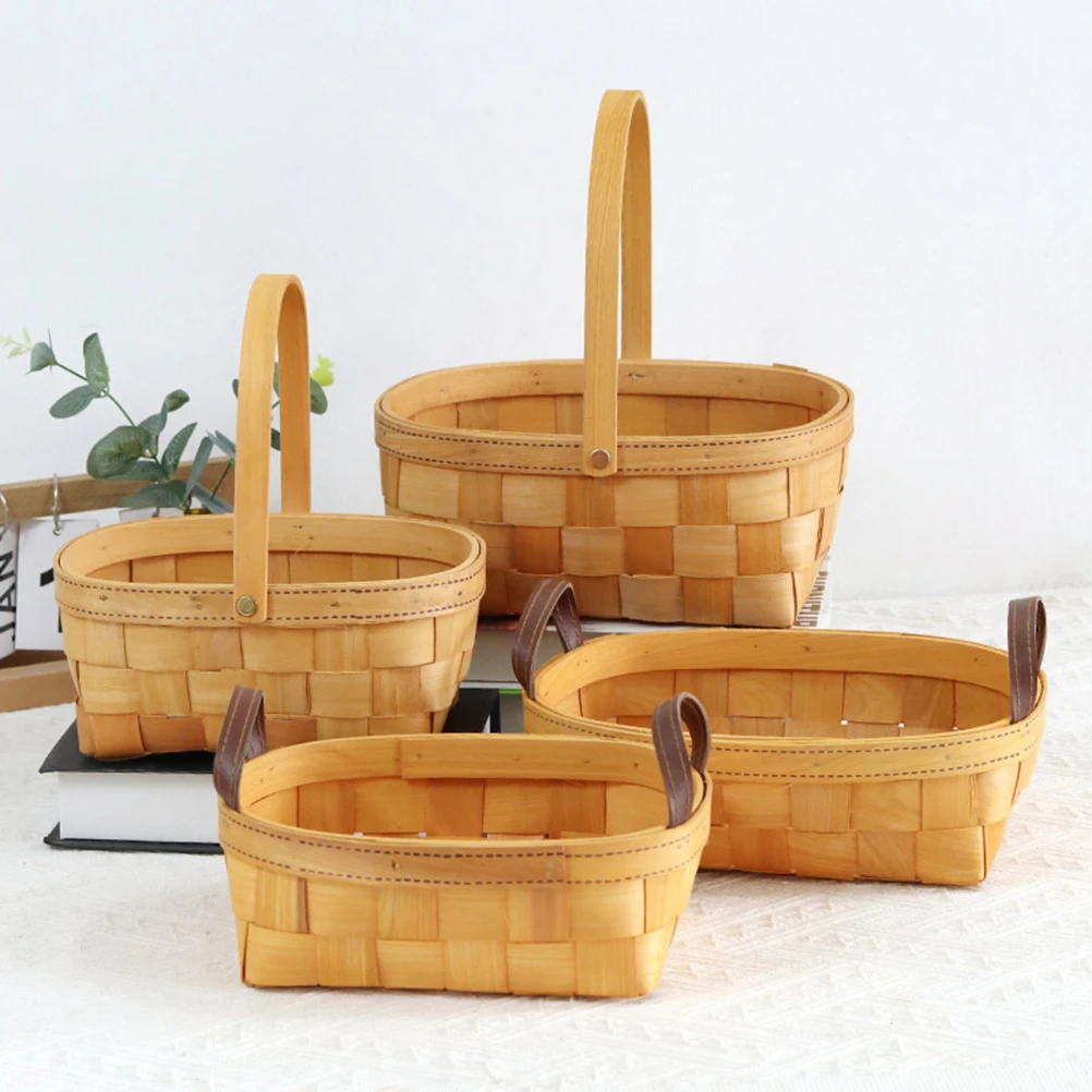 

Wooden Basket Large Size Natural Wood Weaved Storage Organizer Handle Portable Picnic Camping Fruit Vegetable Kitchen Baskets