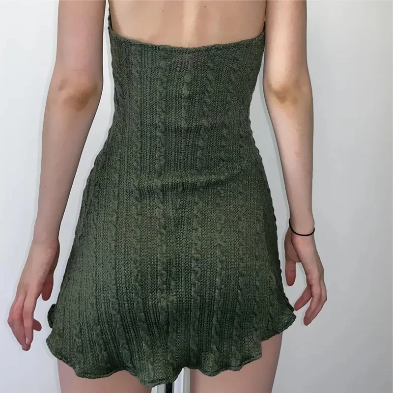 WhereMery Vintage Malha Halter Vestido Curto Sexy Bandage Oco Out Backless Vestidos Elegantes Sem Mangas Textura Vestidos de Festa