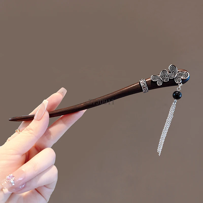 دبوس شعر على الطراز العرقي بتصميم عتيق من الفضة المقلدة على شكل فراشة مهدب على الطراز القديم دبوس شعر خشبي دبوس شعر جديد عالي الجودة