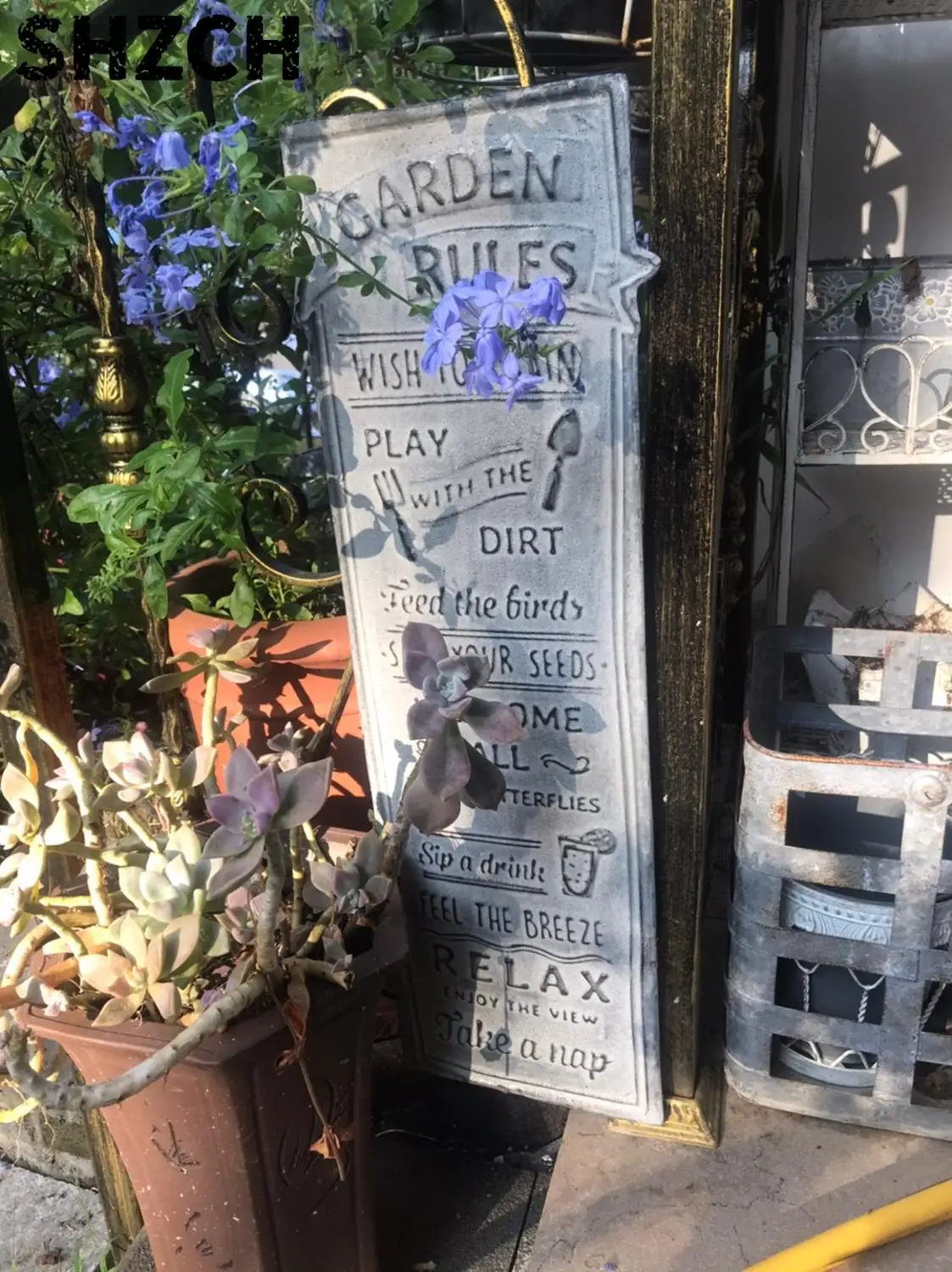 Vintage Garden Rules Wall Sign, Galvanized Metal Decorative Plaque, Gray, 23x66cm, Indoor Outdoor Decor for Garden Patio