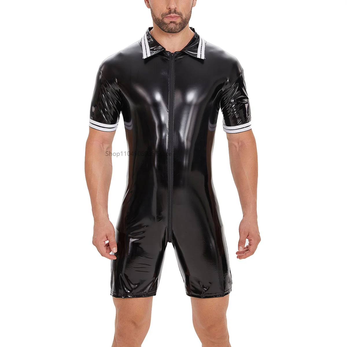 

Male Zipper Catsuit Sexy Turn Down Collar Leather Man Romper Black Short Sleeve Bodysuit Wrestling Singlet Men One-piece Vest