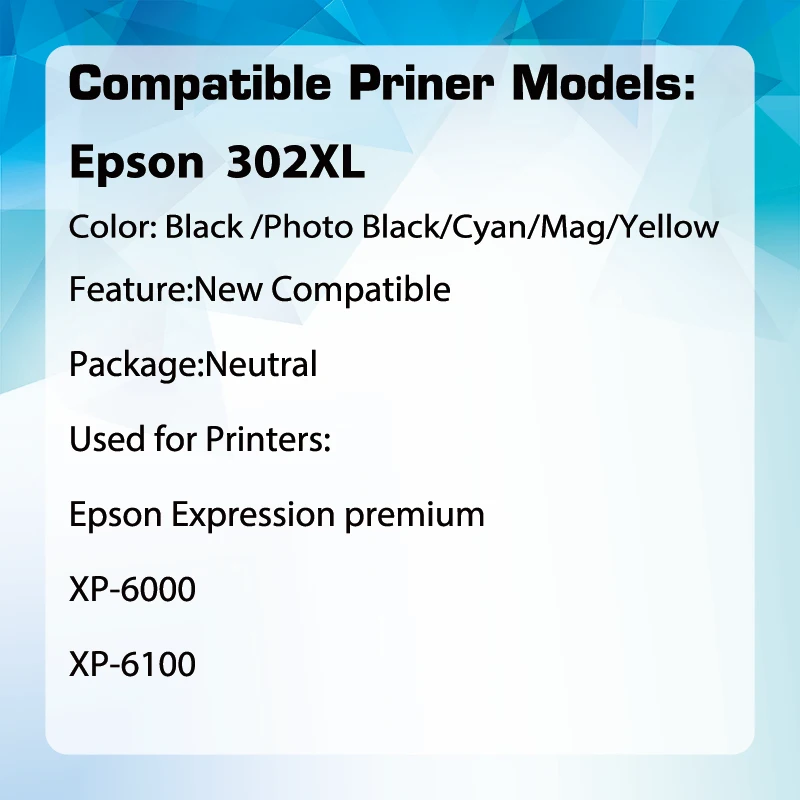 Cartucho de tinta remanufacture para impressora Epson, compatível com o Expression Premium, T302, T302XL, XP-6000, XP-6100, 5 Packs