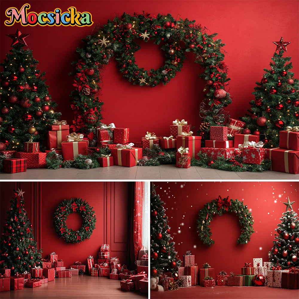 

Winter Christmas Red Green Arches Photography Background Wreath Gifts Xmas Tree Kids Family Party Photo Banner Backdrop