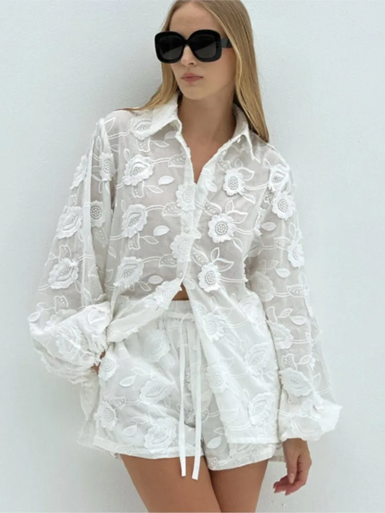 

White Embroidered Perspective Shorts Sets Woman 2025 Summer Elegant Casual Fashion Two Pieces Set Single Breasted Shirt+Shorts
