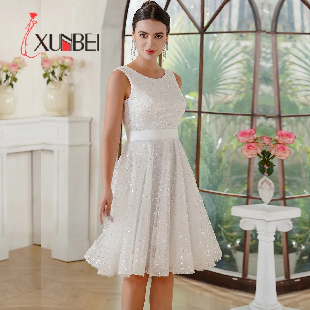 XUNBEI Short Wedding Dress O-Neck Soild White Sequins Bodice with Paddings s A-line  Knee-Length Skirt Fully Sparing Fabric Gown